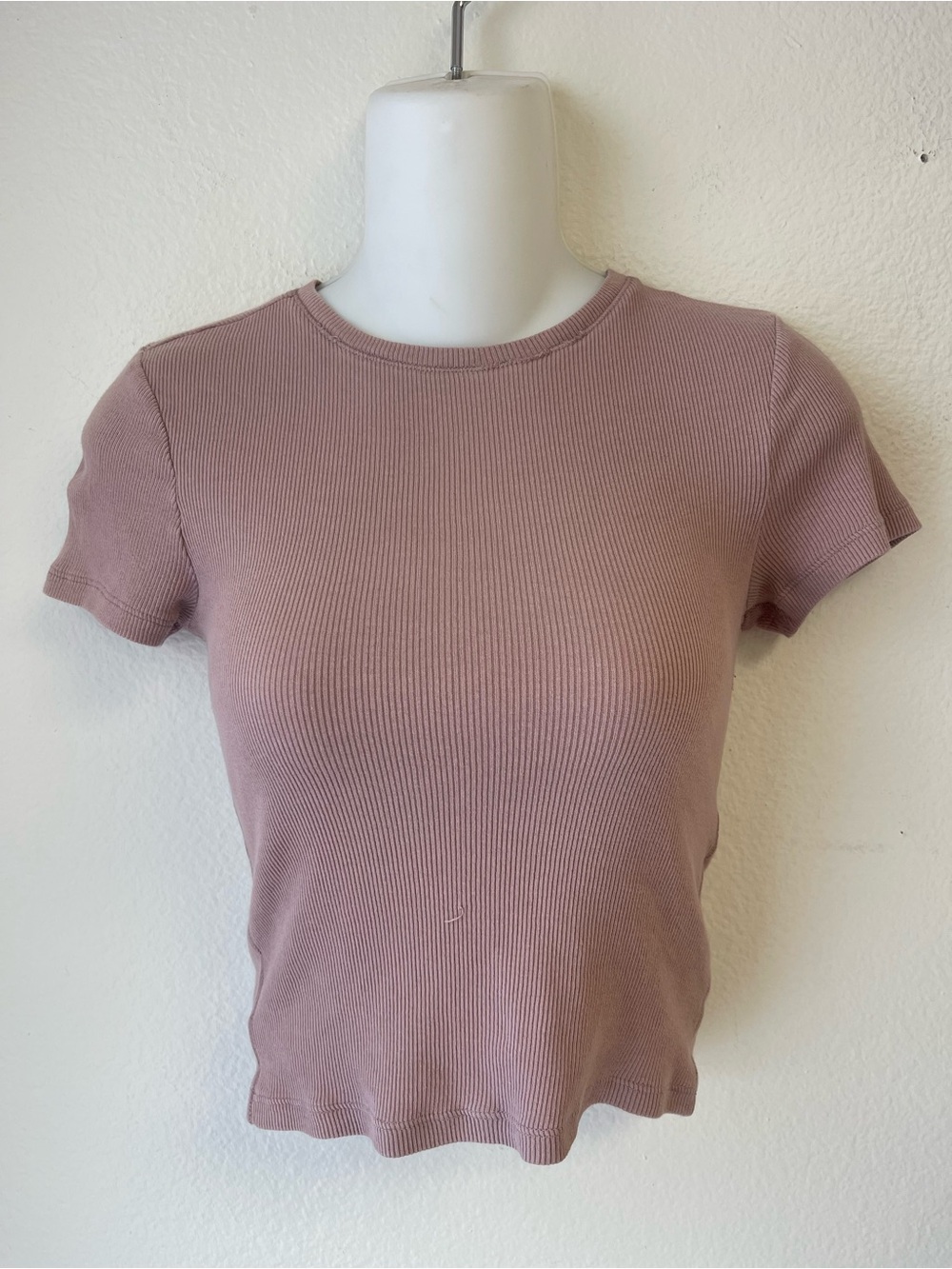 Divided Short Sleeve Ribbed Crewneck Tee - Mauve